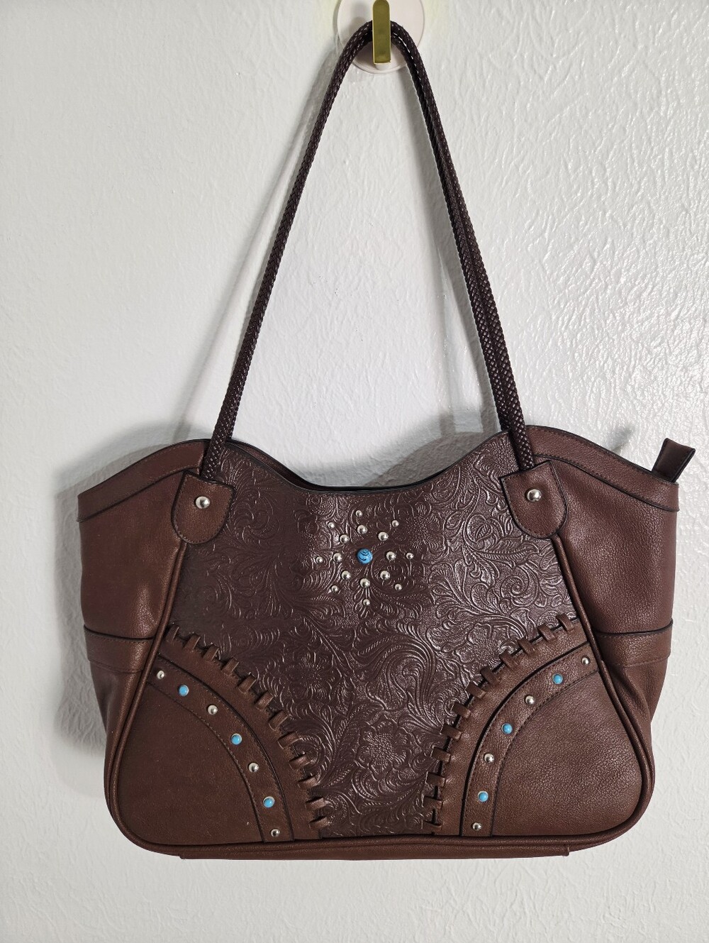 Canyon Sky Brown Embossed Western Style Bag with Studs & Turquoise Accents